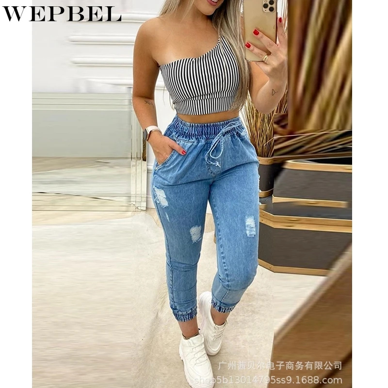 

Женские джинсы со шнуровкой WEPBEL, повседневные однотонные рваные узкие джинсы с высокой талией и карманами, летние джинсовые брюки-карандаш