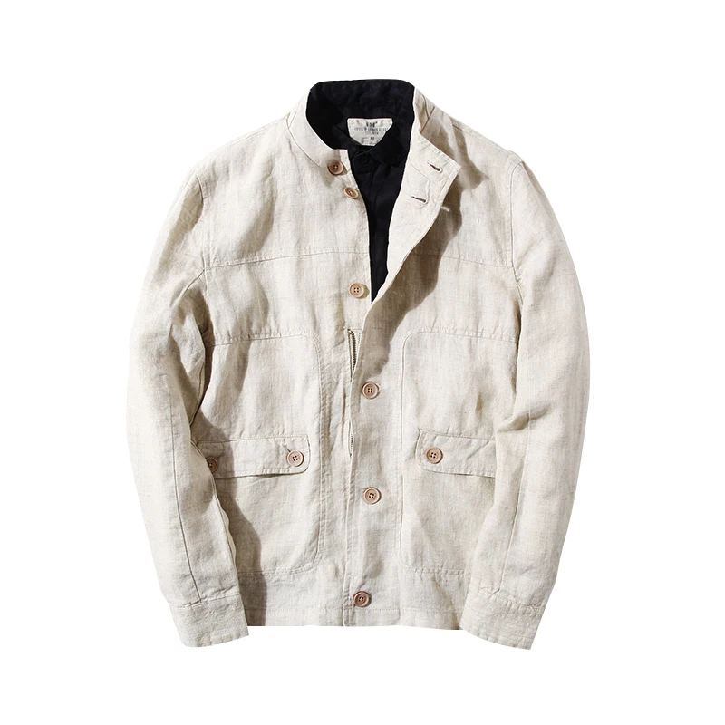 

New Arrival Fashion High Quality Spring Autumn Fashion Motorcycle Khaki Coat Stand Collar Linen Jacket Men Size S M L XL XXL