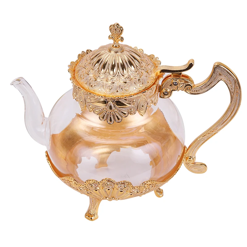 

Palace Golden Glass Teapot Kitchen Metal Cold Kettle Coffee Pot European Style Home Decoration Glassware Birthday Wedding Gifts