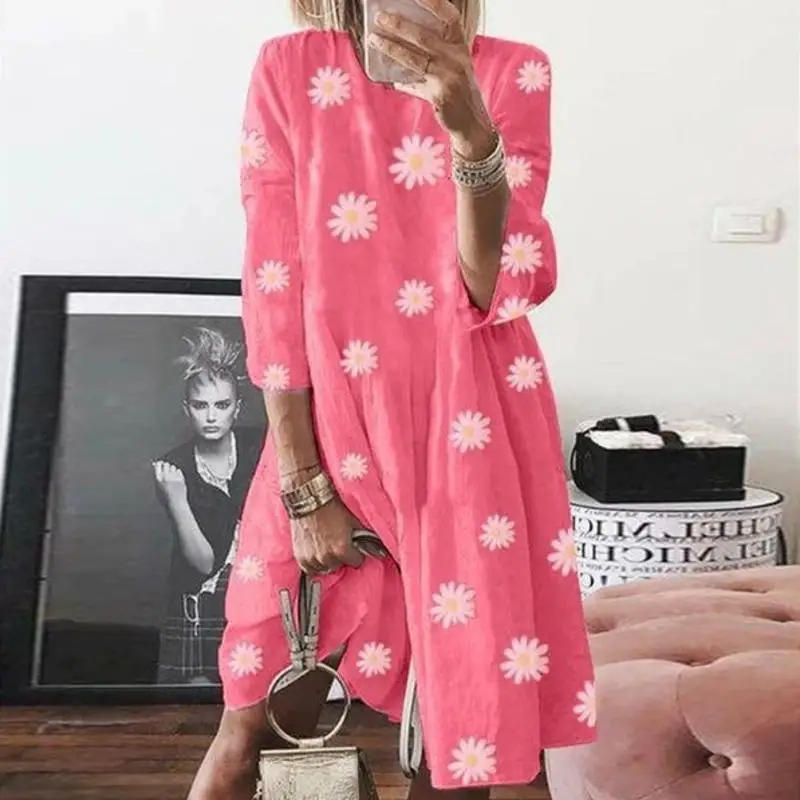 

Linglewei New Spring and Summer Women's Dress England Style V-Neck Print casual easy matching Loose dress
