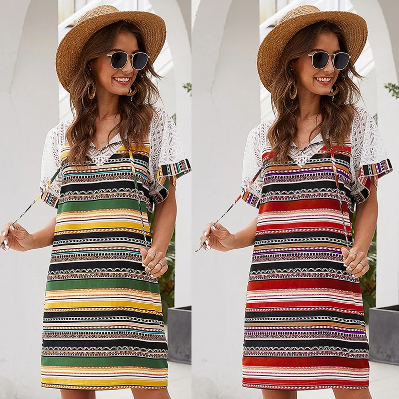 

Women Striped Lace Mini Dress V Neck Summer Beach Hollow Short Sleeve Sundress Drawstring Dress Fashion Lady