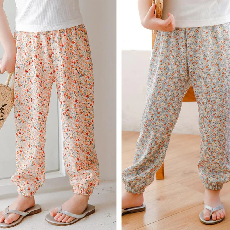 

Children's Anti-Mosquito Pants 2021 New Summer Trousers Kids Clothes Thin Korean Style Floral Ice Silk Boys and Girls Sweatpants