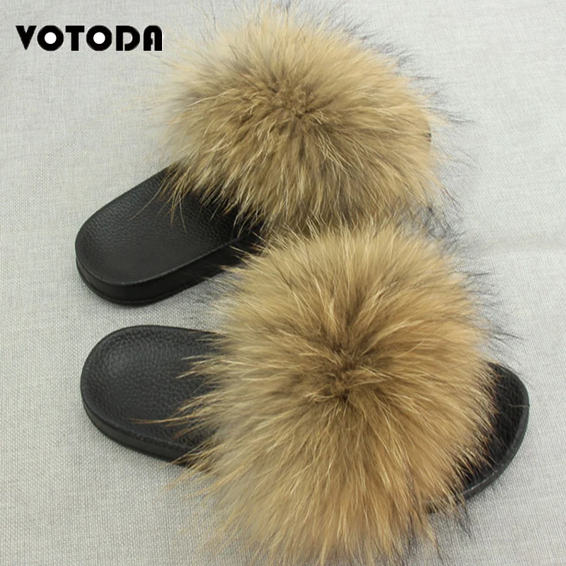 Raccoon fur natural Лидер продаж; женские меховые тапочки; шлепанцы с мехом радуги; босоножки с натуральным лисьим мехом; домашние тапочки из пушистого енота; милый пушистый плюш для женщин - Цвет: Raccoon fur natural