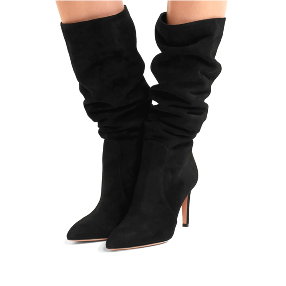 Женские ботинки с острым носком на шпильках свободные черные зимние сапоги до