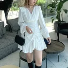ДРАПИРОВАННОЕ мини-платье, женское повседневное Элегантное Вечерние платье с длинным рукавом, с высокой талией, в Корейском стиле, лето 2021