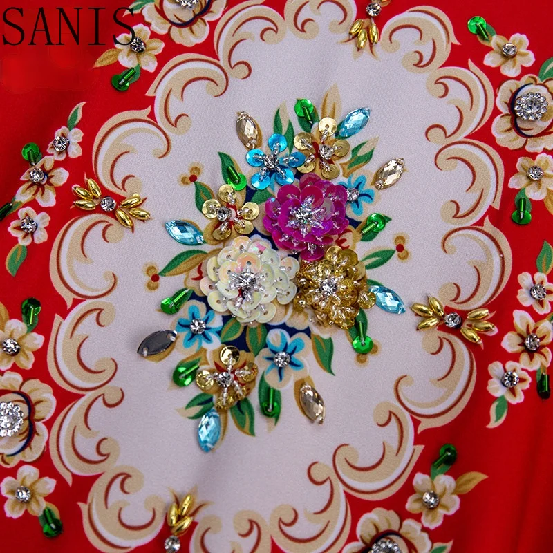 

Sanis New 2021 Fashion Runway Summer Red Midi Dress Women Three Quarter Sleeve Bead Floral print Elegant Party Dress