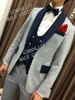 SZMANLIZI MALE COSTUMES Custom Made Light Grey Men Suits Slim Fit Navy Blue Lapel Vest Groom Tuxedos Men's Wedding Suits 3 Piece