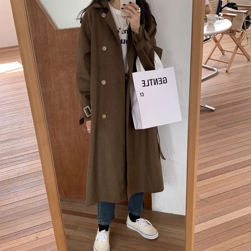 

Alien Kitty French Soft Warm Female Fresh Solid Winter 2021 Classical Belt Retro Loose Women Woolen Coats Chic Casual Long Coat