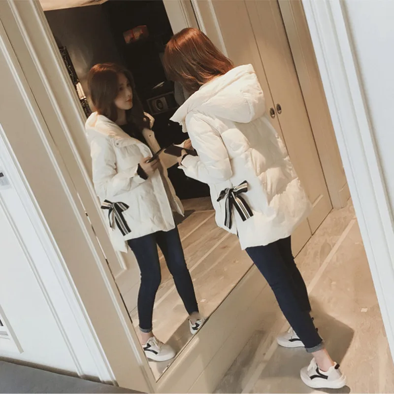 Женская ассиметричная куртка с капюшоном парка бантом симпатичная Толстая для