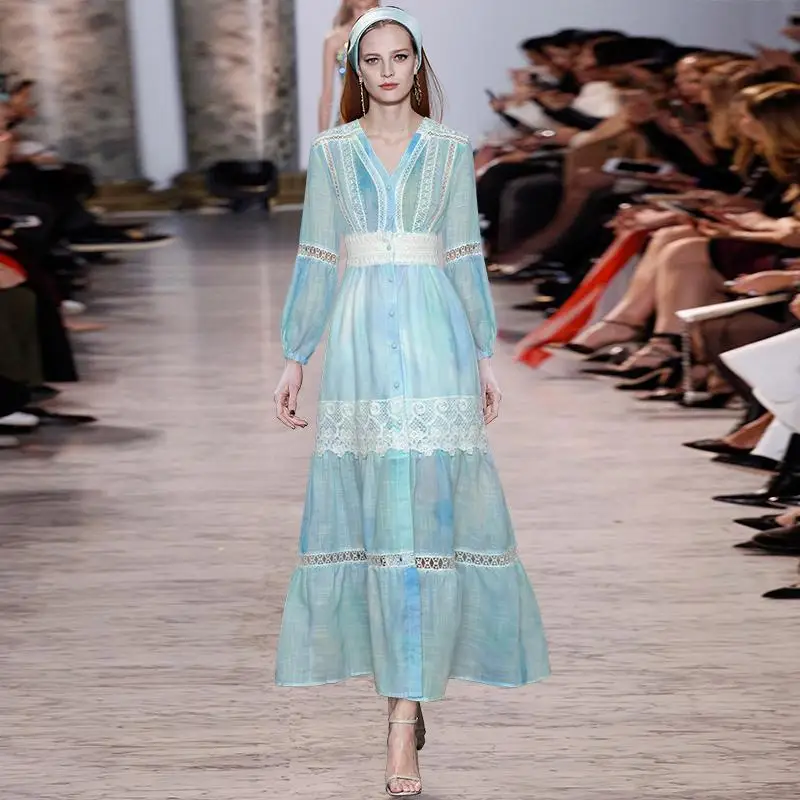 

V-neck lantern long sleeve single breasted stretch waist color printing swing long dress dress spring / summer 2021