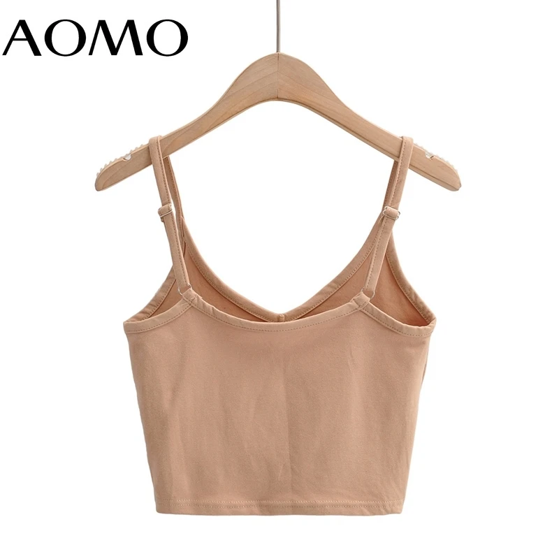 

AOMO Women Khaki Strethy Strap Adjust Cropped Camis Top Sleeveless Backless Short Shirts Female Solid Tops 4P90A