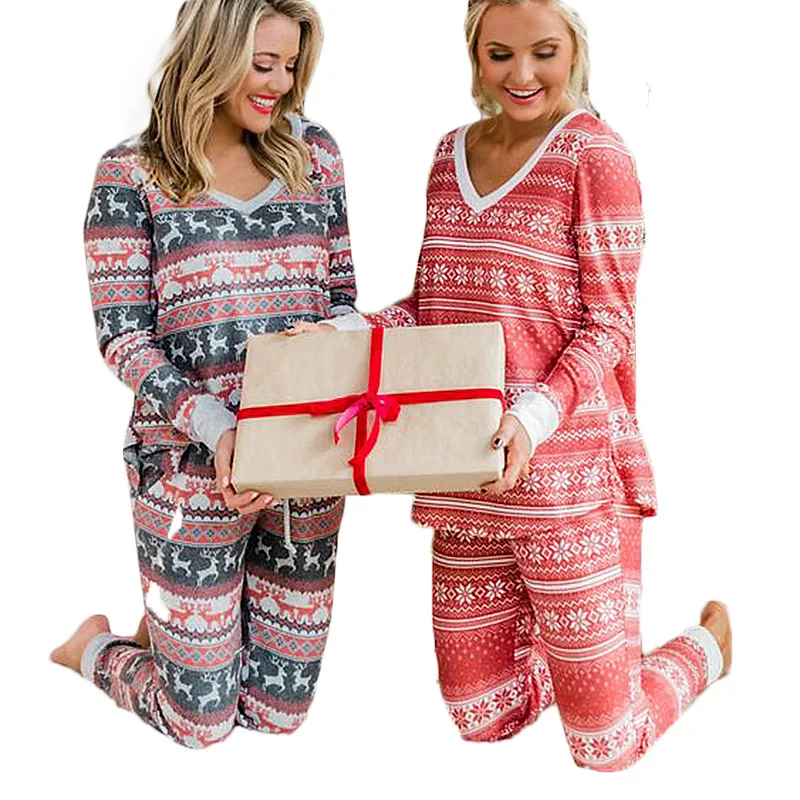 

Women Christmas Pajama Sets Print Outfits Long Sleeve V-neck Tops+ Pants with Drawstring Xmas Sleepwear Pj's Set