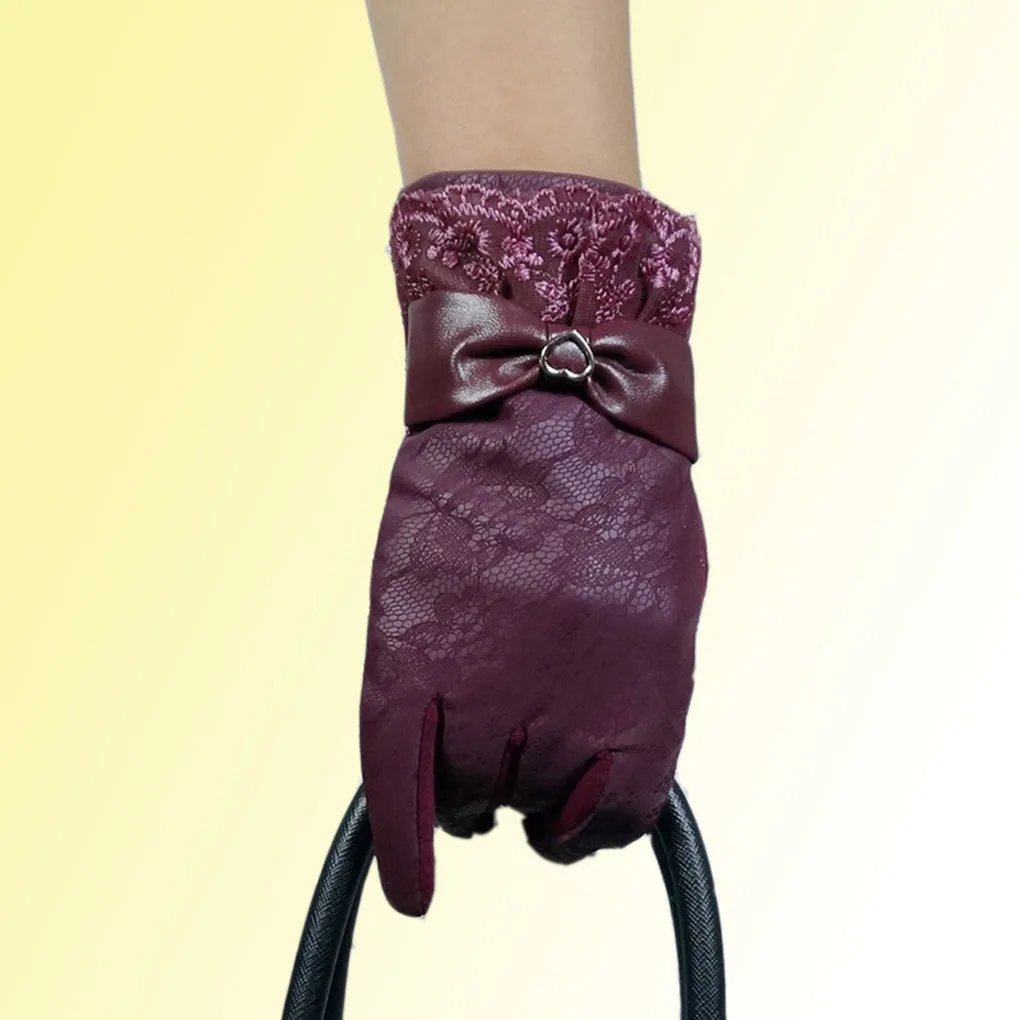 Элегантные женские перчатки для вождения с кружевным бантом кожаные зимние