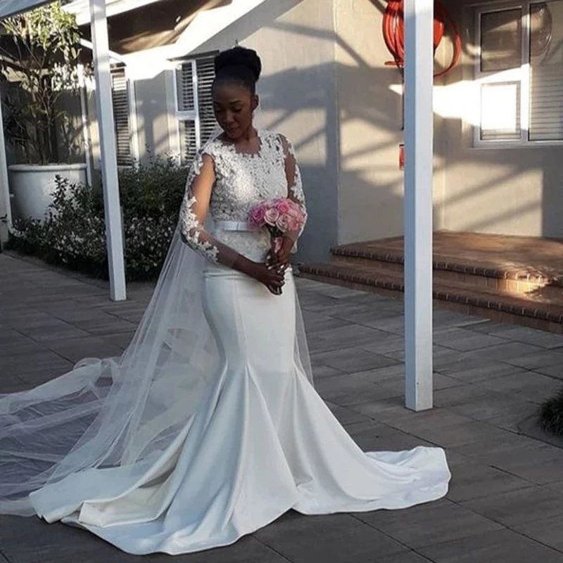 

Свадебное платье с длинным рукавом и юбкой-годе, кружевное атласное платье со шлейфом, нигерийские африканские платья для невесты, платье д...