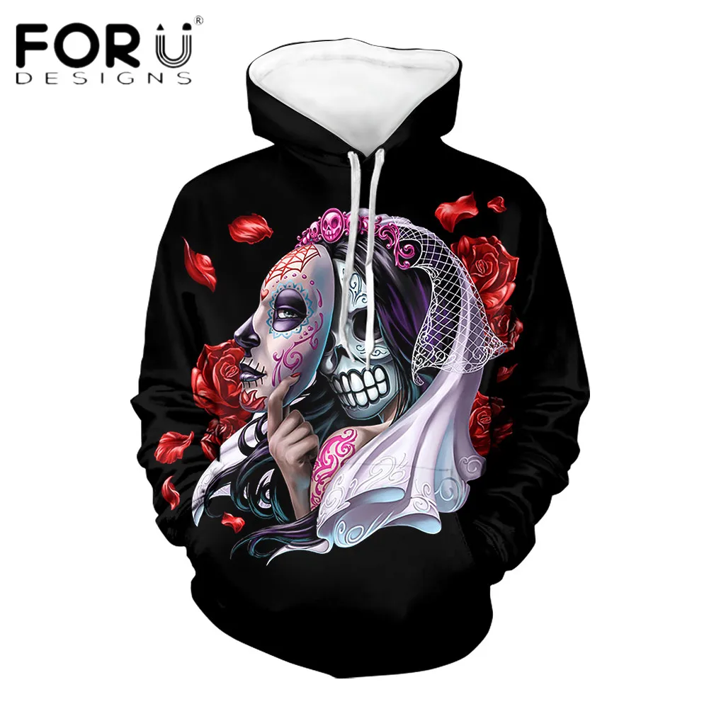 

FORUDESIGNS/готический стиль; Женские зимние теплые толстовки с капюшоном с принтом сахарного черепа; Женские длинные топы; Удобные женские пуло...