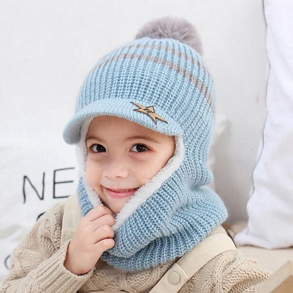 

Kids Winter Hat Scarf Warm Thicken Fleece Knitted Hat with Hair Ball Children Girls Boys Cute Star Pattern Beanies Cap Scarf