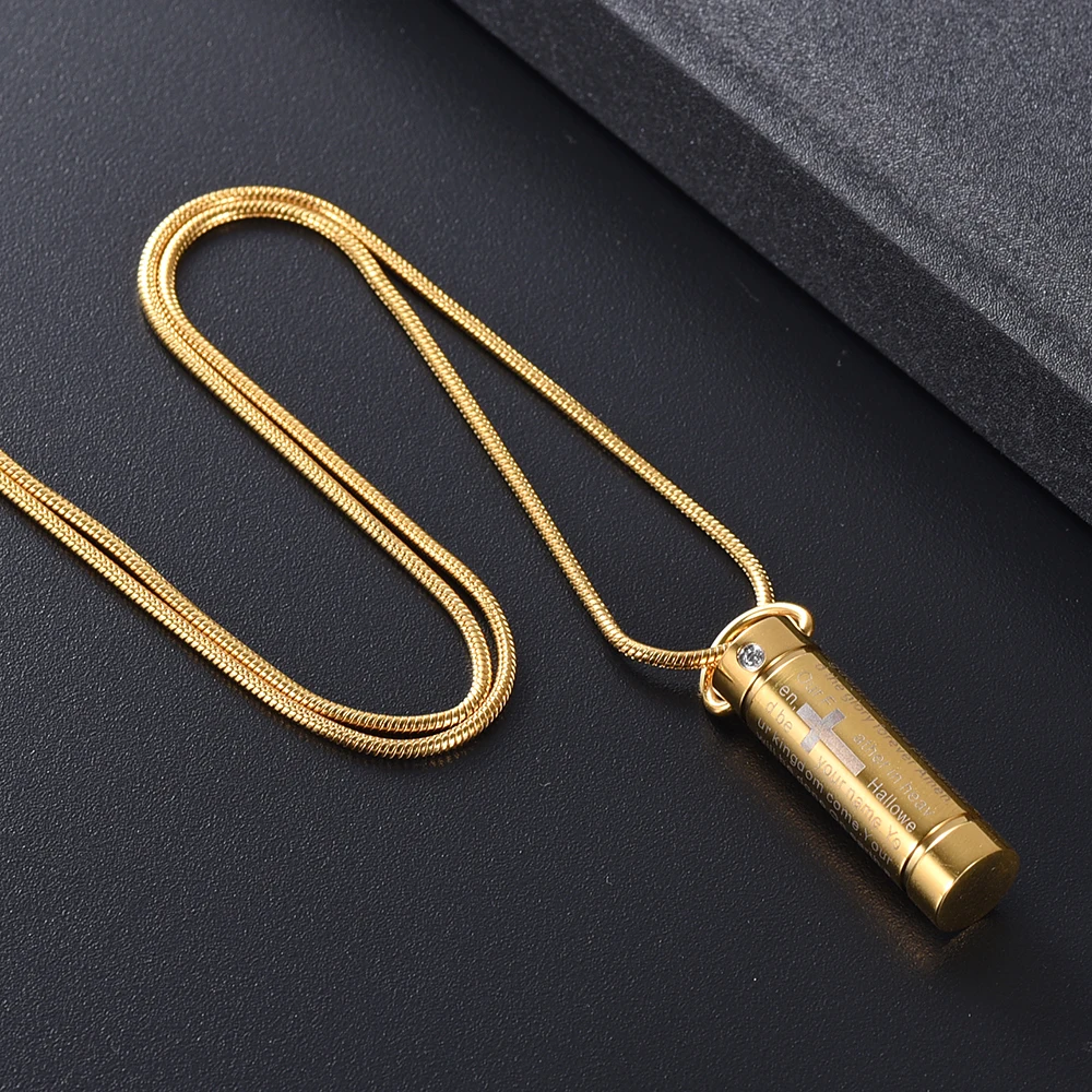 

IJD2207 Stainless Steel Cremation Jewelry Cylinder for Ashes Urn Gold Pendant Bible Prayer Cross Memorial Keepsake Necklace