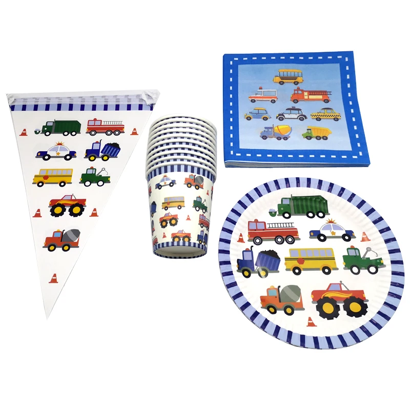 

80PCS Cartoon Cars Theme Plates Cups Baby Shower Decorate Boys Banner Birthday Party Engineering Truck Bus Design Flags Napkins
