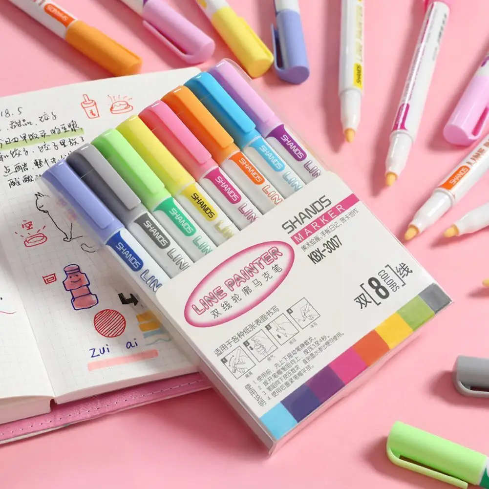 

8 Colors/set Of Double-line Outline Pens Color Marker Cute Post Pens Card Marker Candy Graffiti Diary Color Q2A7 Pens Pens V2N0