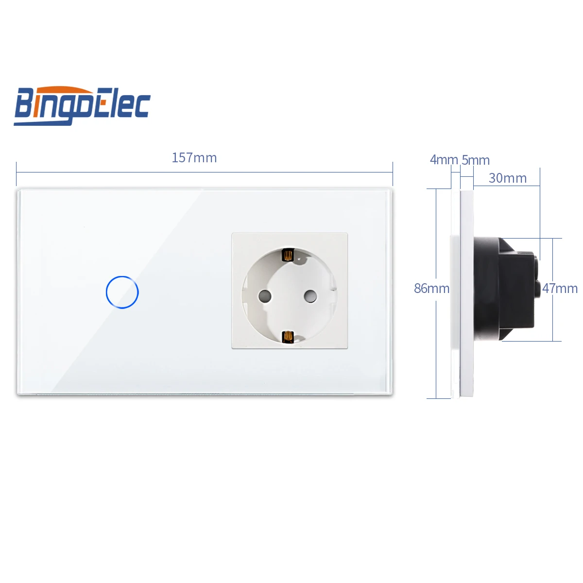 

Bingoelec EU Standard 1 G 1W Touch Switch With 16 A Germany Power Socket White Black Crystal Glass Panel 157*86 mm AC 110~250 V