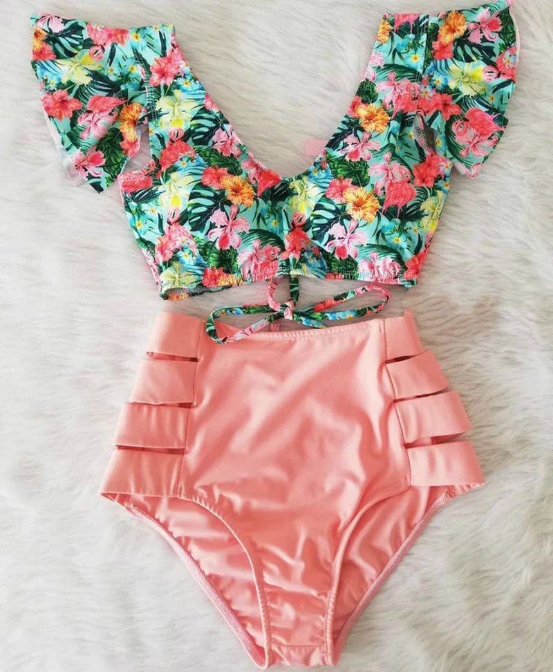 

High Waist Bikini 2021 Ruffle Swimwear Women Print Sexy Swimsuit Push Up Bikinis Plus Size Bathing Suits Floral Beach Wear