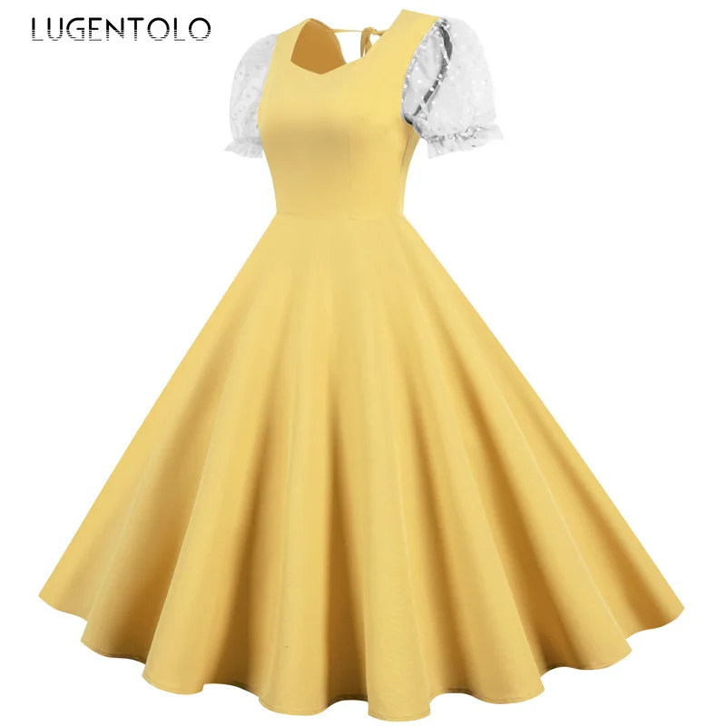 

Lugentolo Vintage Women Dress Princess Short Sleeve Mesh Solid Dresses Slim-fit Big Swing Lady Elegant Party Dress
