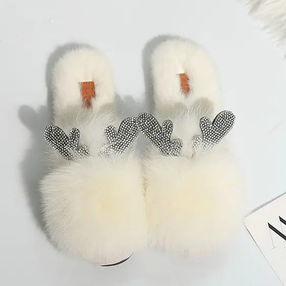 916 White Сезон осень; дизайн; Двойное сердце серьги со стразами натуральный кроличий мех меховая заколка тапочки на плоской подошве перетаскивание Для женщин обувь XYZ340 - Цвет: 916 White