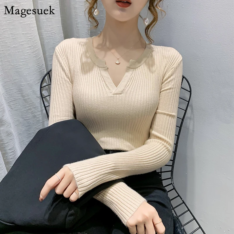 

Женский трикотажный свитер с V-образным вырезом, однотонный черный свитер в винтажном стиле, Осень-зима 12203