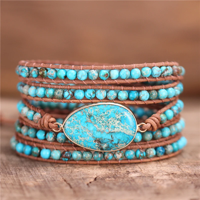 Высококачественный кожаный браслет с камнями винтажный плетеный бусинами