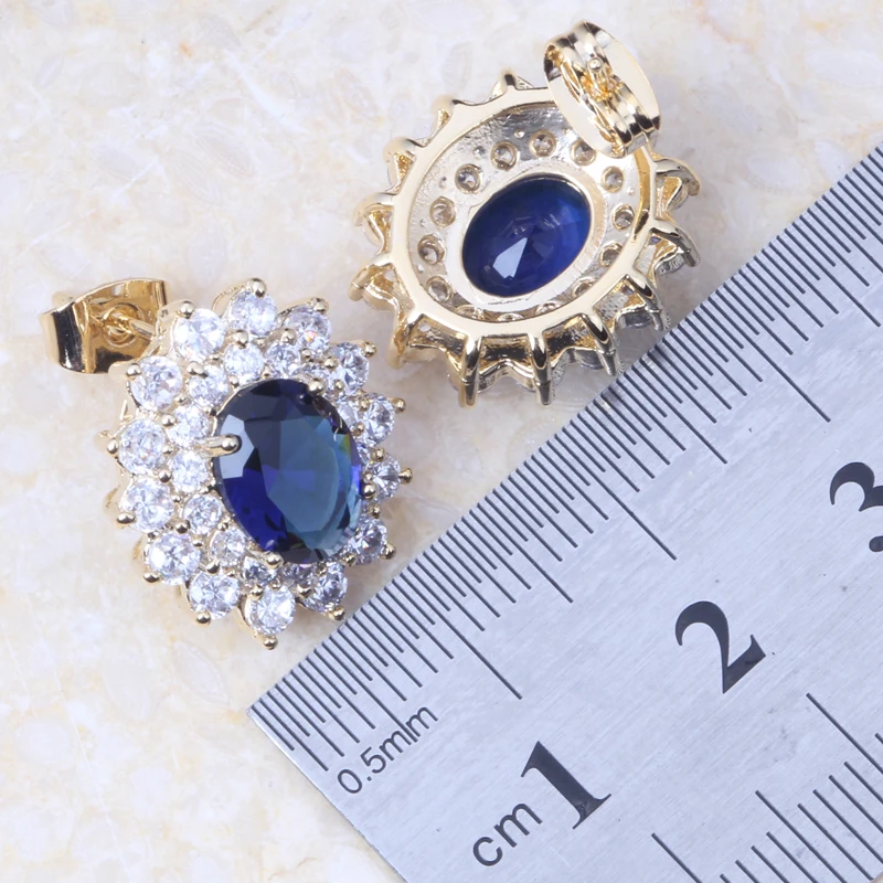 Love Monologue Classic Blue Crystal &amp Cubic Zirconia Yellow Gold Color Necklace Pendant Drop Earrings Bridal Jewelry Sets KT003 |