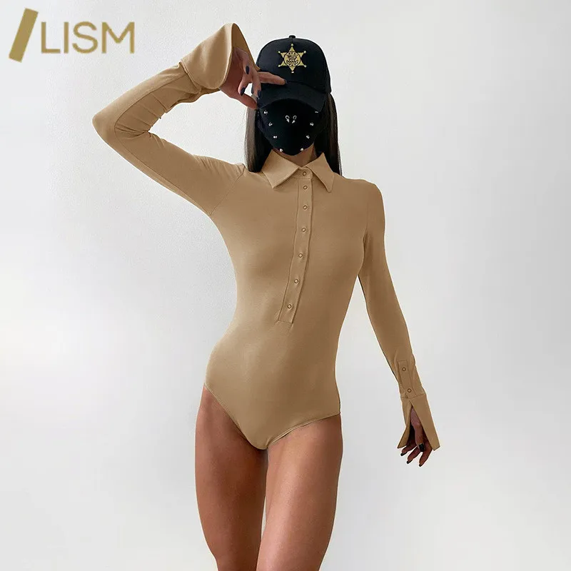 

Women Sexy Slim Bodysuits Casual Long Sleeve Bodycon Bodysuit Turn-Down Collar Elastic One Piece Fitness Streetwear Bodysuit