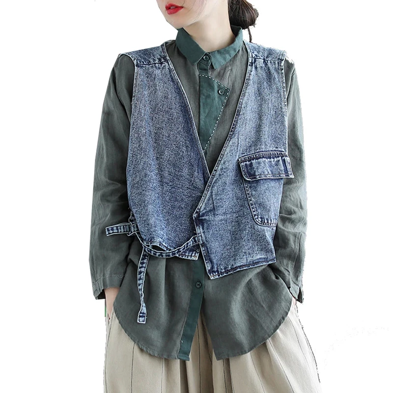 Женская джинсовая хлопковая куртка без рукавов Короткая Повседневная