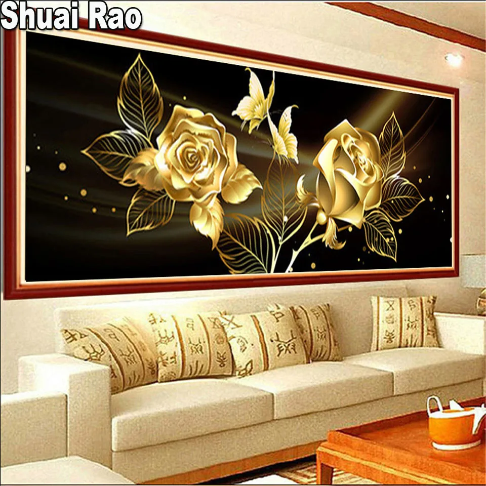 Large 5D DIY Diamond Painting Full Square/Round Gold Rose Flower Mosaic Diamond Embroidery Kits Rose Decor Home Gift