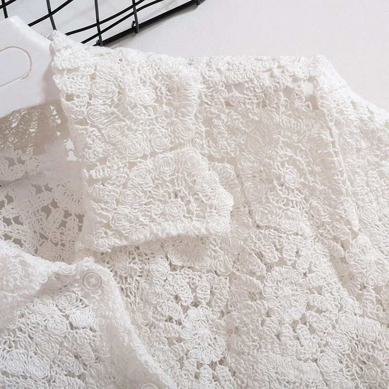

Good Quality Fashion White Lace Blouse Women 2021 Summer Short Sleeve Turn Down Collar Office Lady Regular Womens Blouses Shirts