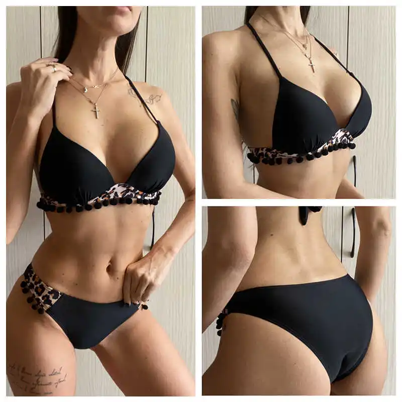 

Push Up Bikini 2021 New Swimwear Women Tassel Black Ball Leopard Swimsuit Bathing Suit Bikinis Set Biquini Brazilian Beach Wear