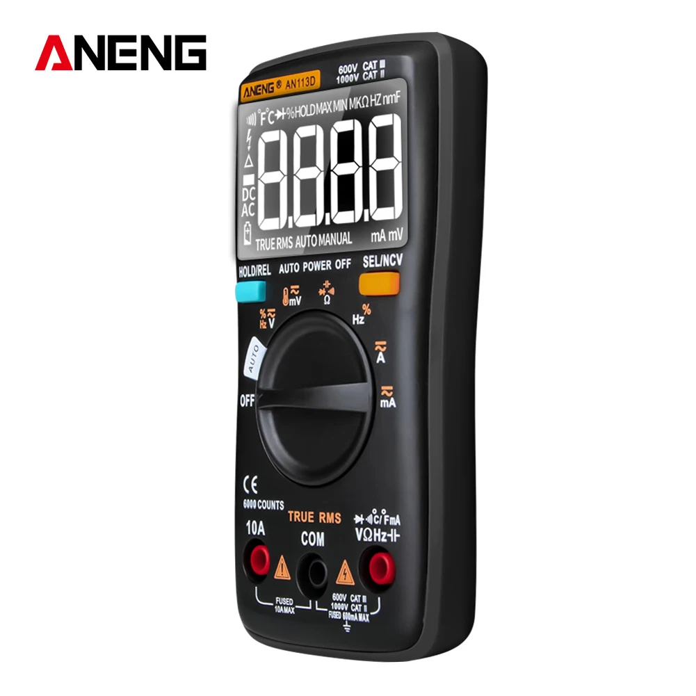 AN113D Digital Multimeter 6000 Counts Electrical Transistor Tester Temperature Auto Ranging AC/DC Voltage Meter for Electrician