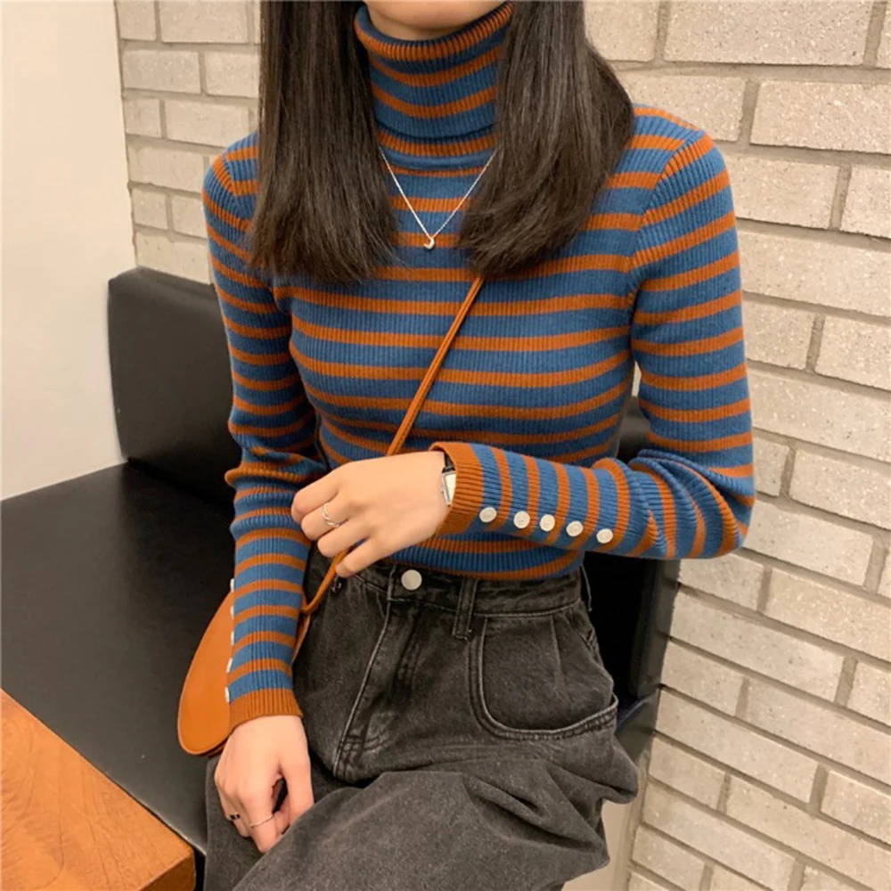 

Women Green Stripped Sweater Ribbed Jumper Fitted Long Sleeve Pullover Kawaii Clothes Chic Knitted Green and Blue Stripe Sweater