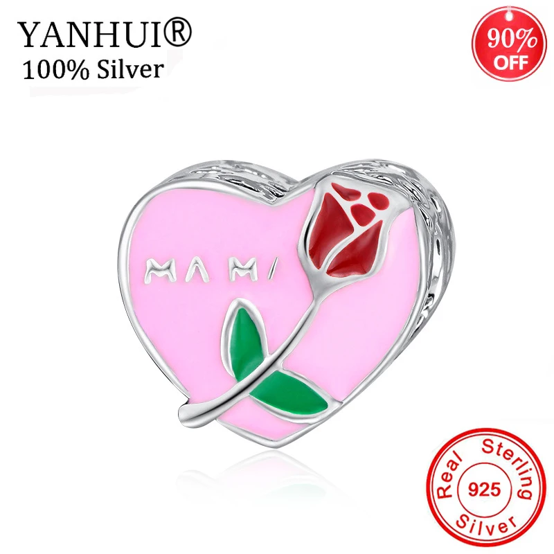 YANHUI хит стерлингового серебра 925 пробы модный розовый эпоксидный с цветком розой, бусинами шармы подходят браслет подарок ювелирные изделия DIY CC065
