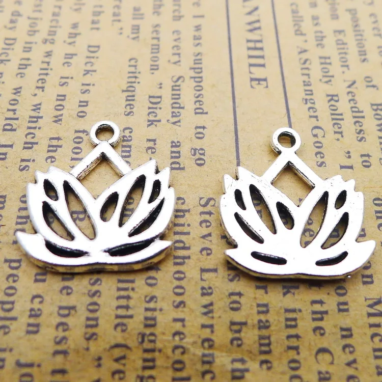 

10 pieces/lot 17*18mm Antique silver color Metal Hollowed-out Lotus flower Charm Botany Pendant Bracelet Key chain DIY accessory