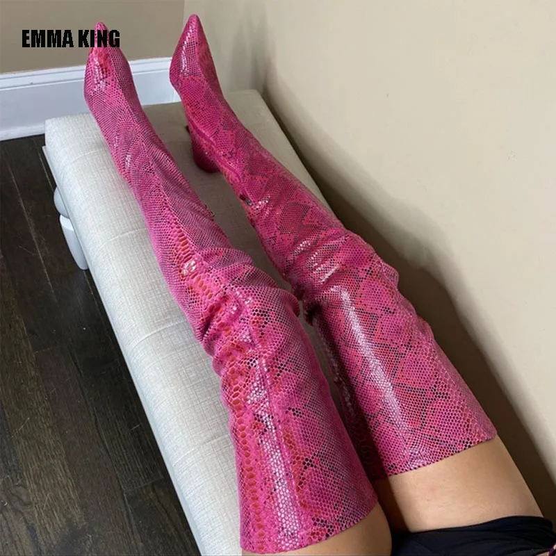 

Винно-красные сапоги выше колена на шпильке из змеиной кожи женские сапоги до бедра с высоким шаговым швом пикантные женские сапоги с острым носком на высоком каблуке S