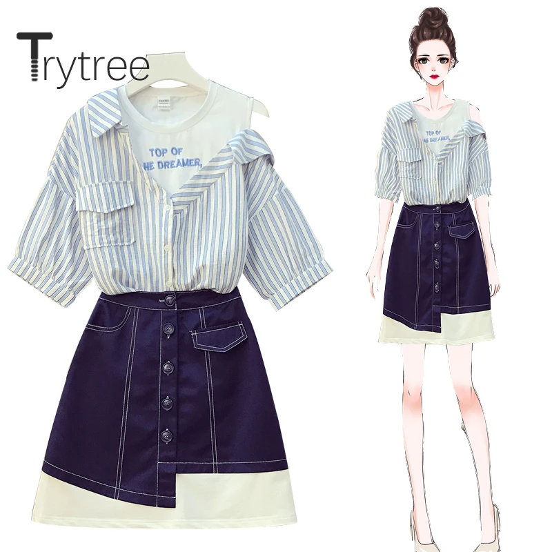 

Trytree 2020 Spring Summer Women two piece set Casual O-neck Patchwork Stripe Loose Tops + Skirt Mini Fashion Set 2 piece set
