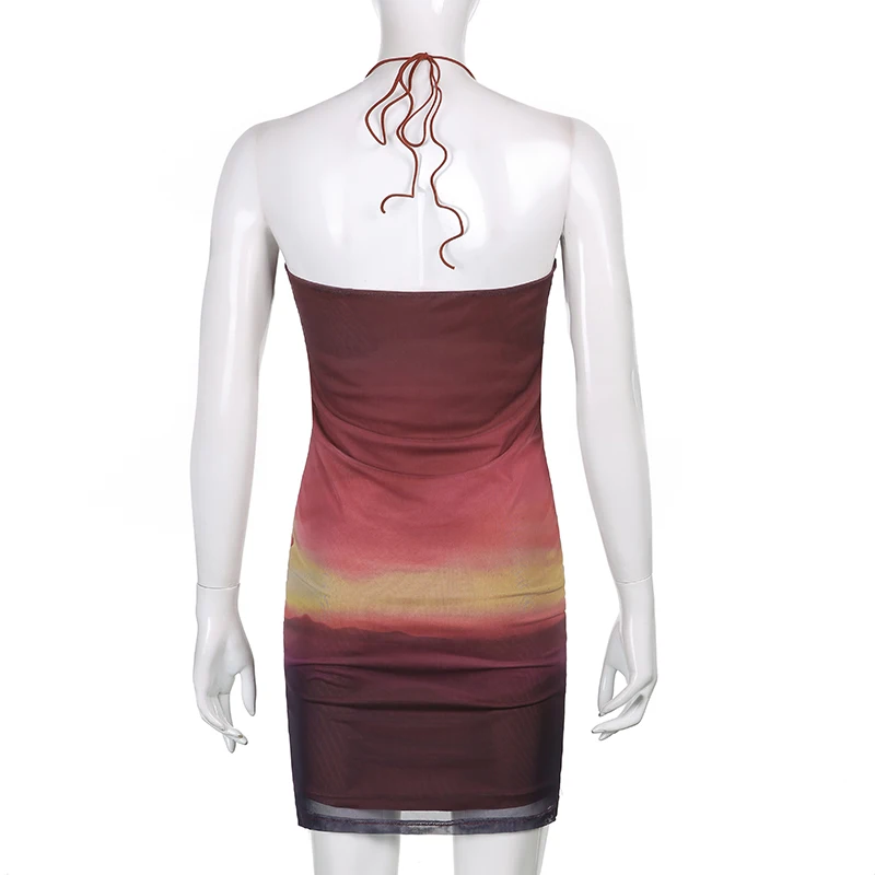 

Darlingaga Halter Neck Fashion Women's Summer Dress 2021 Tie Dye Gradient Mesh Sexy Dress Bodycon Clubwear Double Layer Sundress
