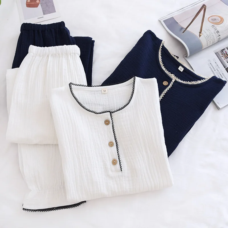 

Женская пижама из чистого хлопка на весну и лето, тонкие брюки с длинным рукавом, двойная сетчатая присоска, корейский Костюм для домашнего ...