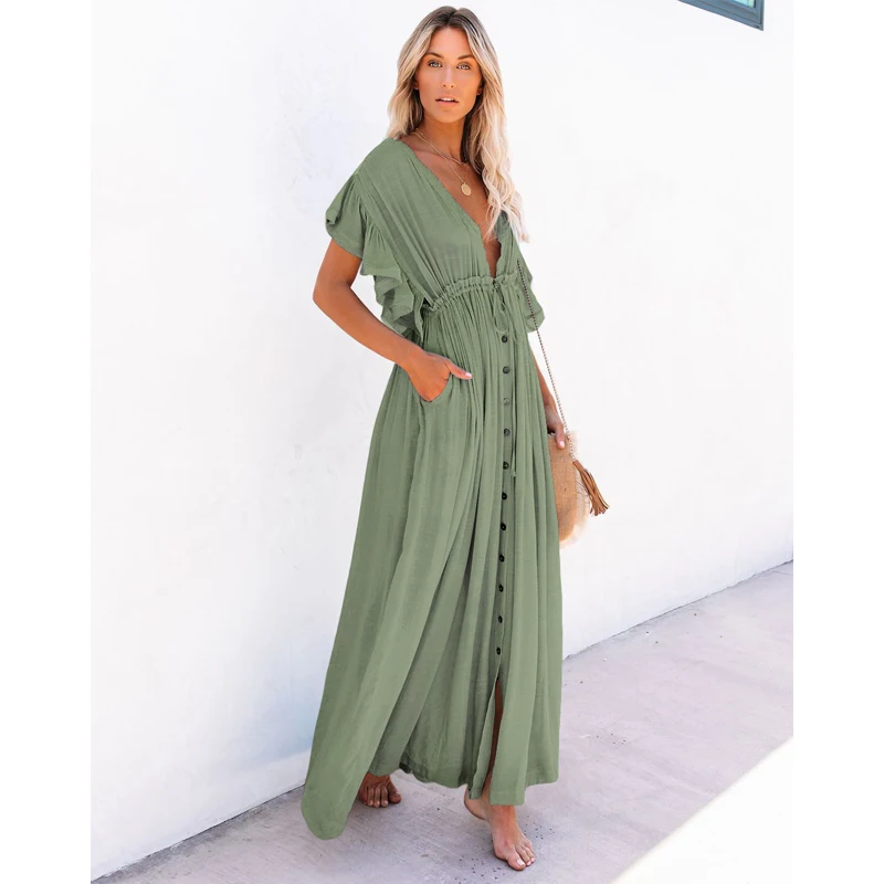 

Summer Beach Maxi Dress Women Pleated Drawstring High Waist Long Dress Solid Boho Casual V-Neck Sexy Party Dresses 2021