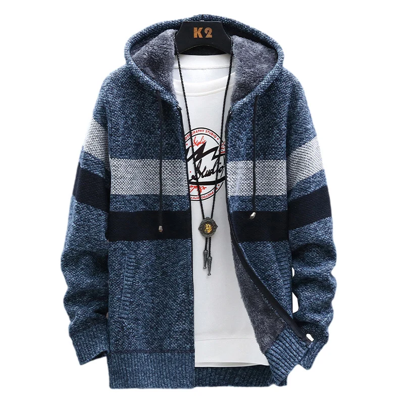 

Fleece Warm Sweater Men Winter Hooded Cardigan Mens Striped Slim Sweaters Patchwork Coat Knitted Men's Hoodie Jumper Clothing