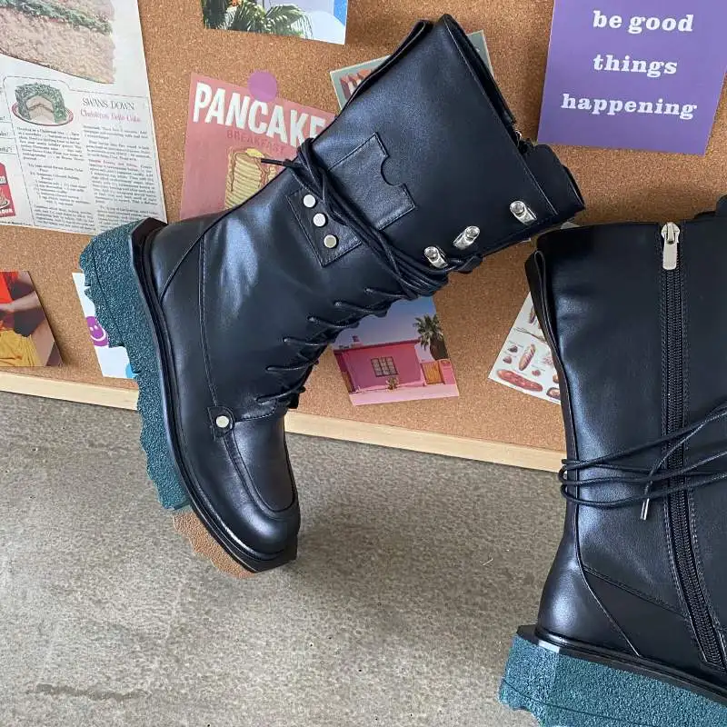 Harga Sepatu Bot Sepeda Motor Ujung Bulat Kulit Asli Panci Krazing Sepatu Pertengahan Betis Punk Paku Keling Logam Inggris Antik Hak Sedang