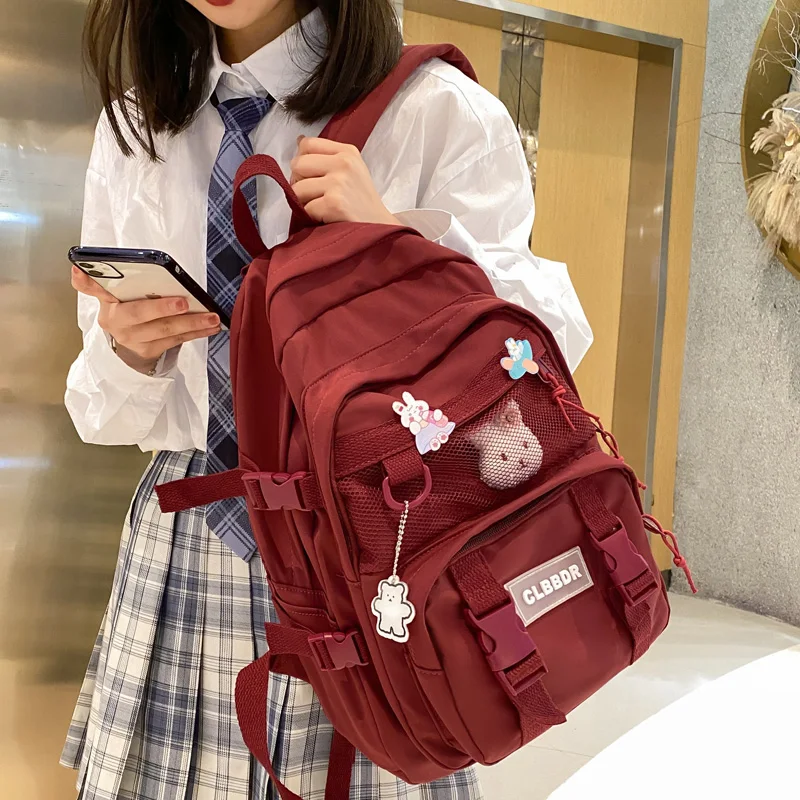 

DCIMOR New Solid Color Waterproof Nylon Women Backpack Female Mesh Book Bag Teenage Girls Multipocket Insert Buckle Schoolbag