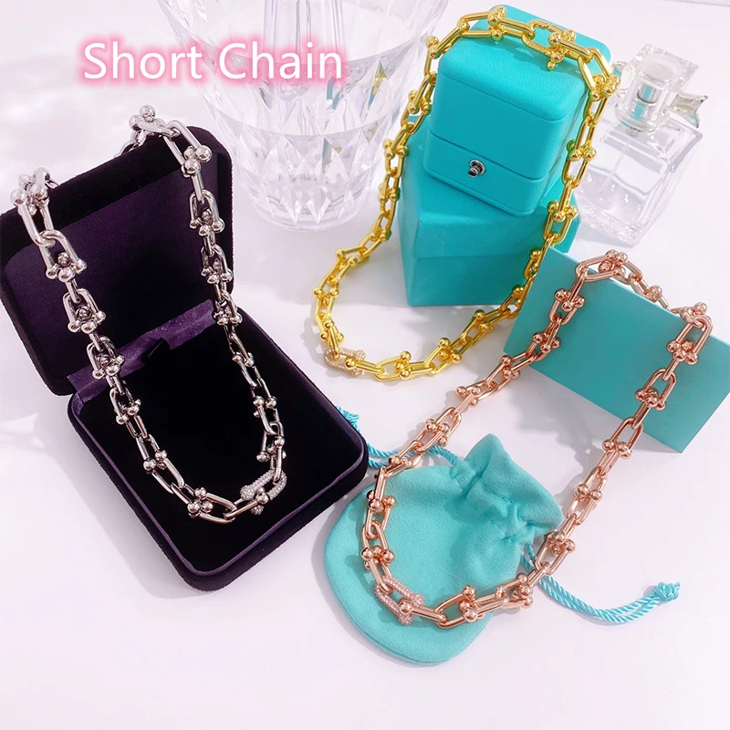 

Punk Cool Heavy Gold Plated U Letter Bamboo Short Chain Necklace Hardwear 46cm AAA CZ Zircon Thick Chain for Women Men Jewelry