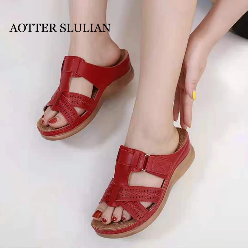 

Women Wedge Sandals Premium Orthopedic Open Toe Slippers Summer Vintage Anti-slip Leather Casual Female Platform Red Shoes Mujer