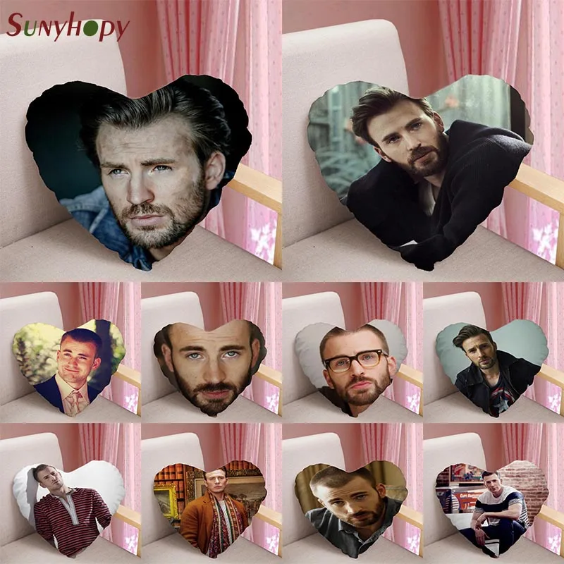 

Chris Evans Custom Heart Shape Decorative Cushion Cover Home Decor Zippered Satin Fabric Pillowcase-090ZLL